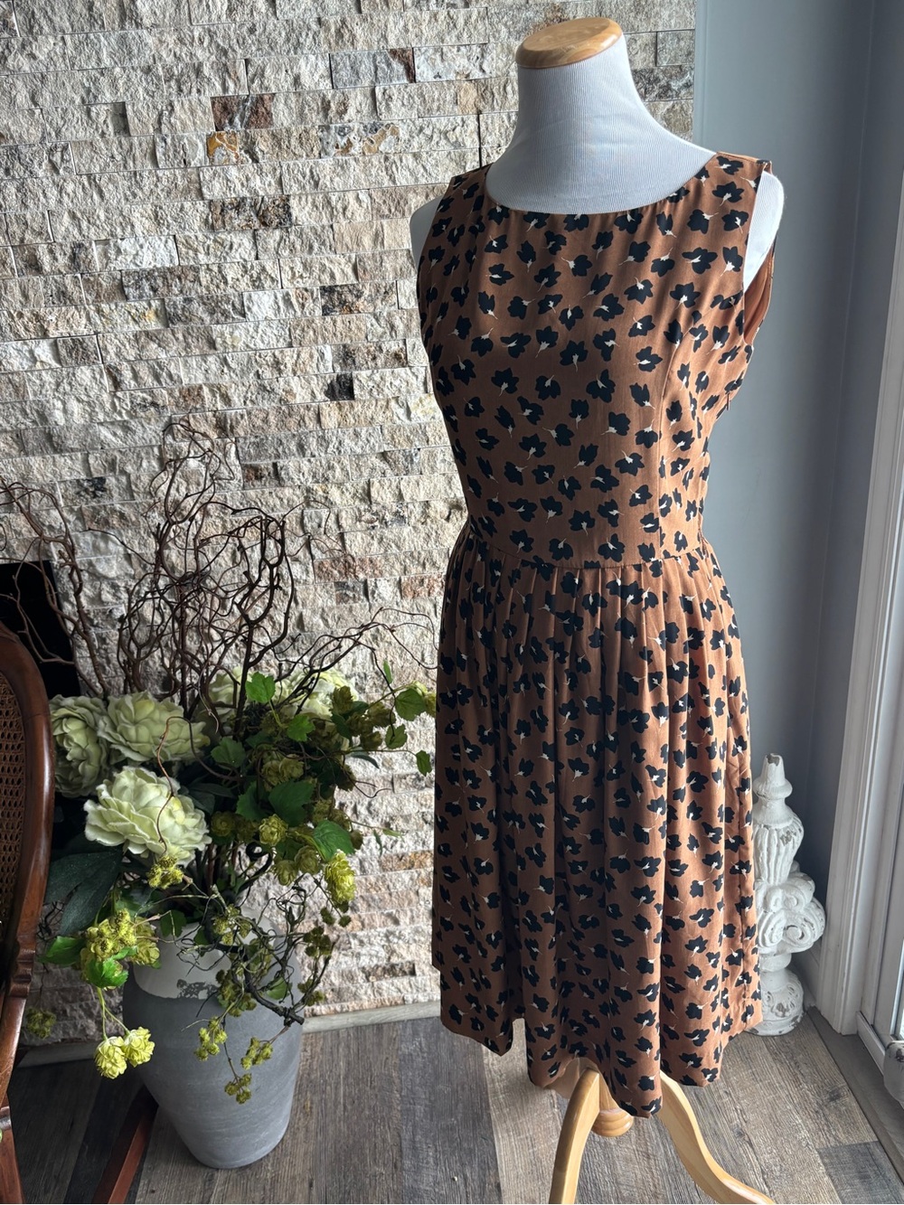 Rachel Riley Tan Floral-Print Sleeveless Midi Dress